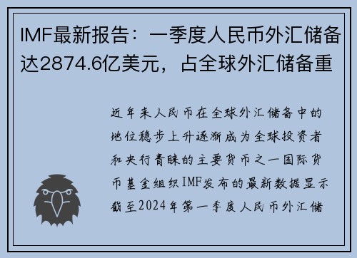 IMF最新报告：一季度人民币外汇储备达2874.6亿美元，占全球外汇储备重要份额