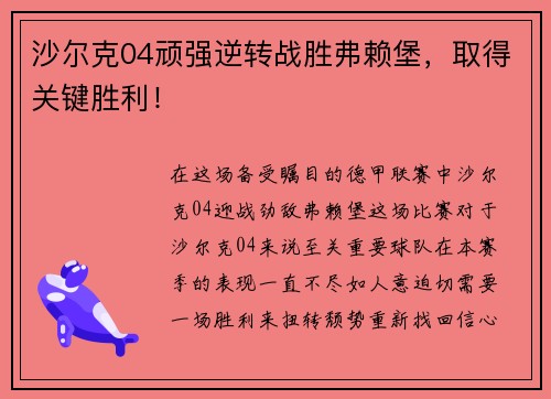 沙尔克04顽强逆转战胜弗赖堡，取得关键胜利！