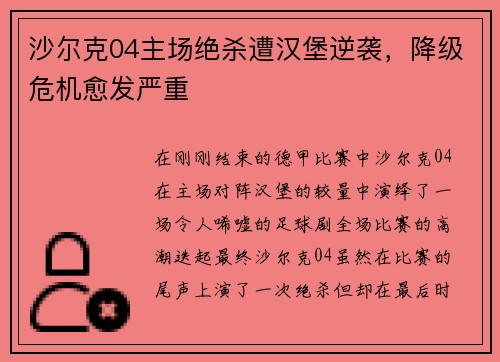 沙尔克04主场绝杀遭汉堡逆袭，降级危机愈发严重